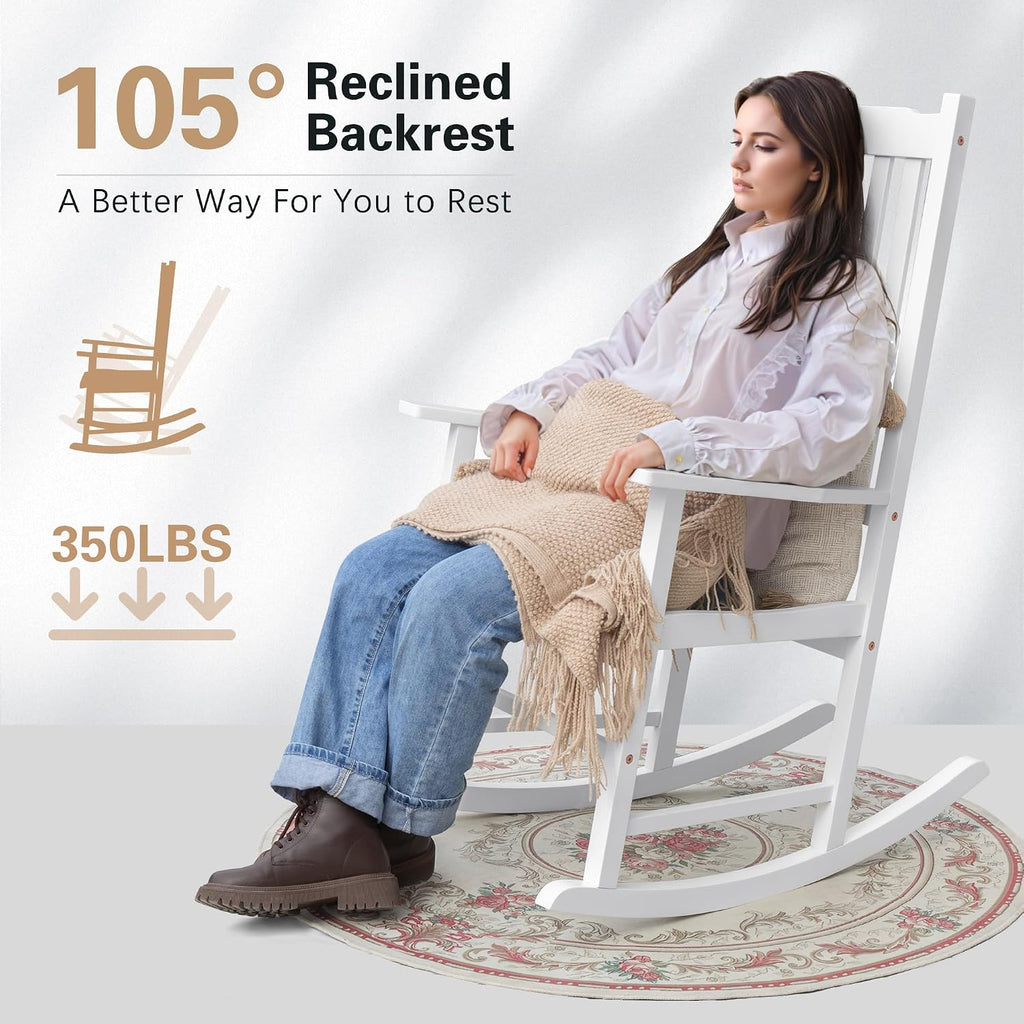 Greesum Outdoor Rocking Chair, Acacia High Back Oversized All-Weather Lounge Rocker with 320 lbs of Support for Patio, Garden, Deck, Porch,White