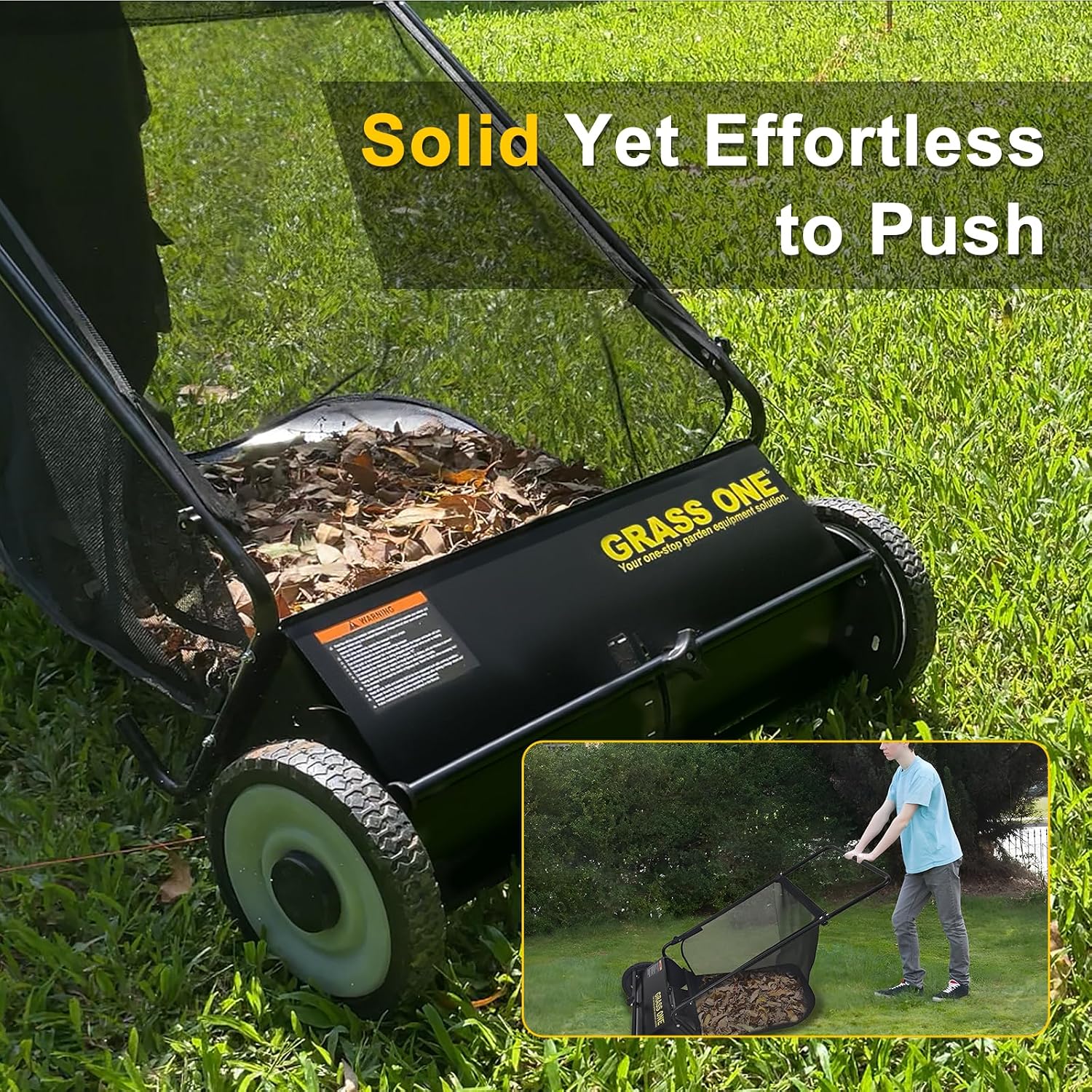 26 Inch Push Lawn Sweeper, Leaf and Grass Collector with 7 Cu.Ft Mesh Bag, 4 Spinning PP Brushes, Durable Steel Construction, Adjustable Height & Rubber Tires for Yard Cleanup