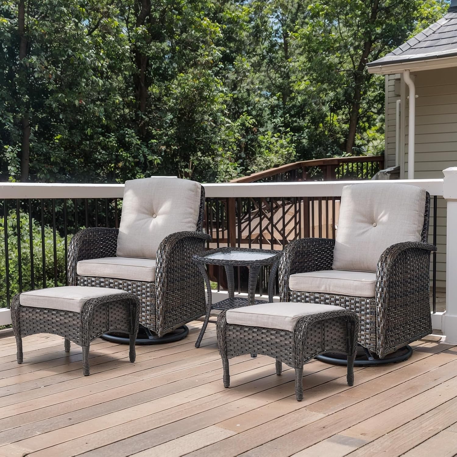 Outdoor Swivel Glider Rocker Chairs Set- 5 Piece Patio Furniture Set, Patio Bistro Sets with Tempered Glass Side Table and 2 Ottoman, for Balcony, Porch - Brown Wicker, Beige Cushion