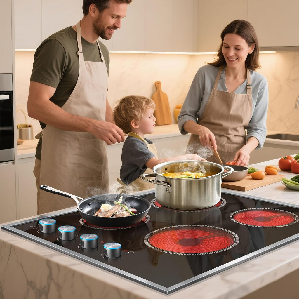 4 Burner Electric Cooktop, 24 Inch Electric Stove 6000W, 220V-240V Built-in Ceramic Stovetop with Knob Control, Child Lock, Timer Control, Residual Heat Indicator, Hard Wire(No Plug)