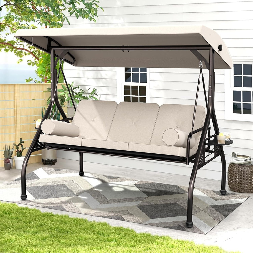 Betterland 3-Seat Patio Swing Chair, Outdoor Porch Swing with Cushions,Pillows & Cup Holders, Adjustable Canopy Outside Bench Swing for Backyard, Porch, Garden(Brown)
