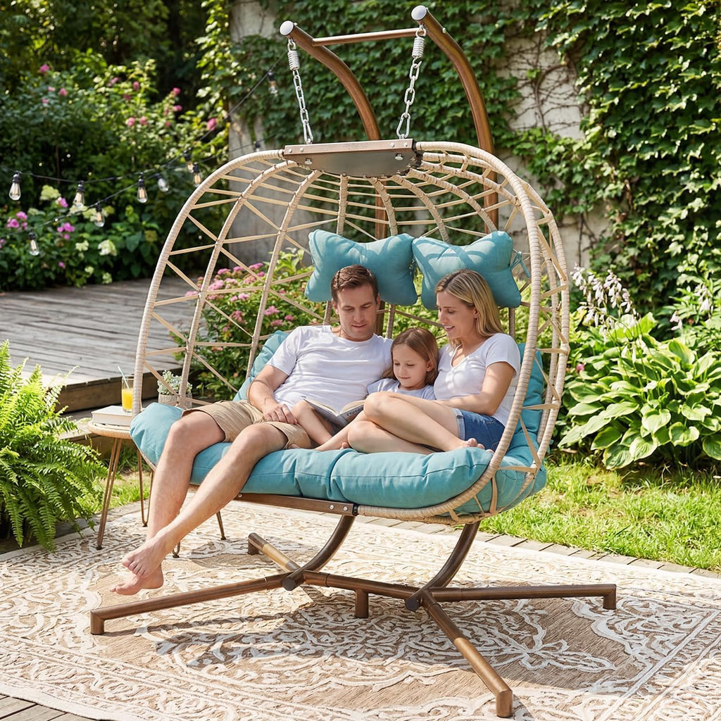 BULEXYARD 2 Seater Patio Egg Chair Swing with Stand and Rain Cover, Extra Large Outdoor Hanging Hammock Loveseat, Oversized Wicker Rattan Chair with Cushion for Balcony Backyard, Light Blue