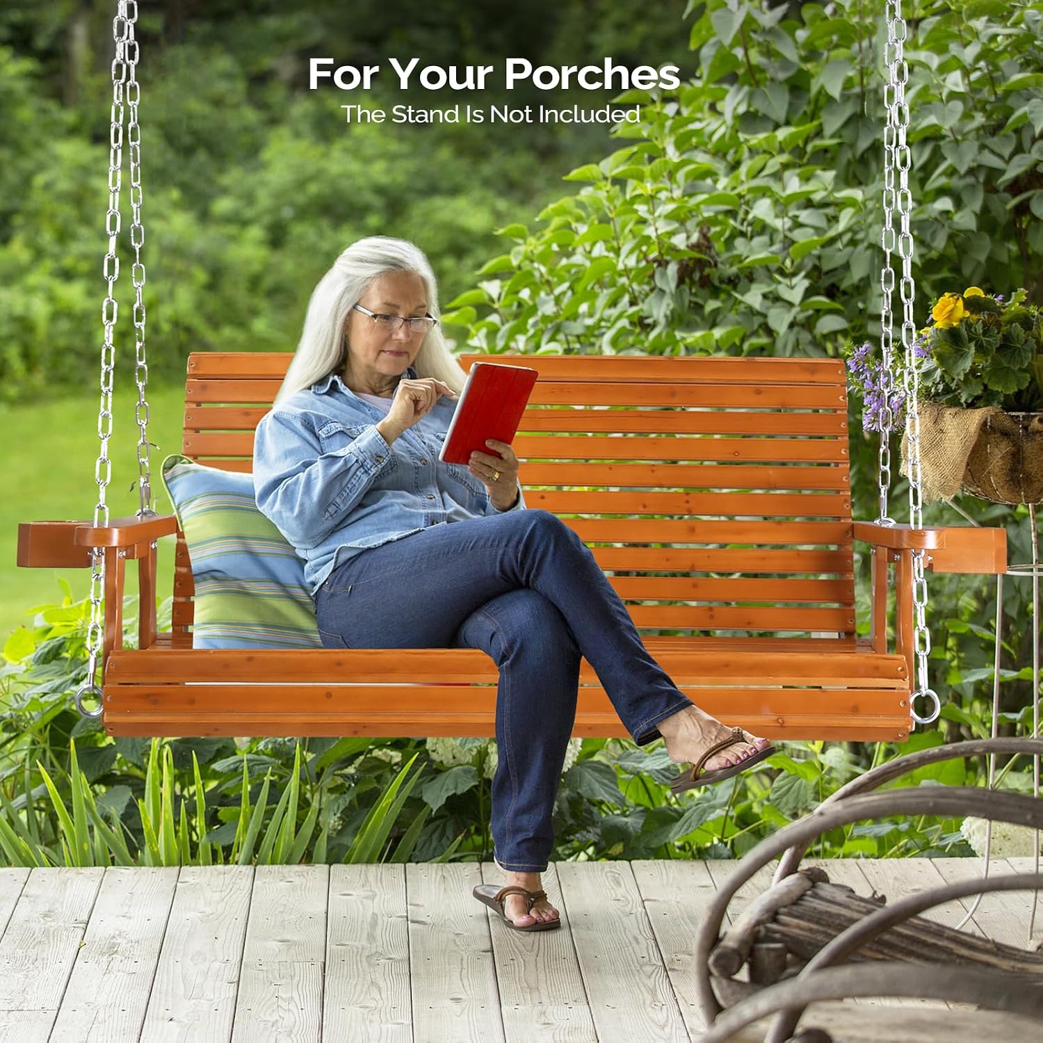 VINGLI XL Size Patio Wooden Porch Swing Outdoor with Cup Holders, Heavy Duty 880 LBS Hanging Swing Chair Bench with Hanging Chains for Yard, Lawn, Garden (4 FT Pro, Brown)