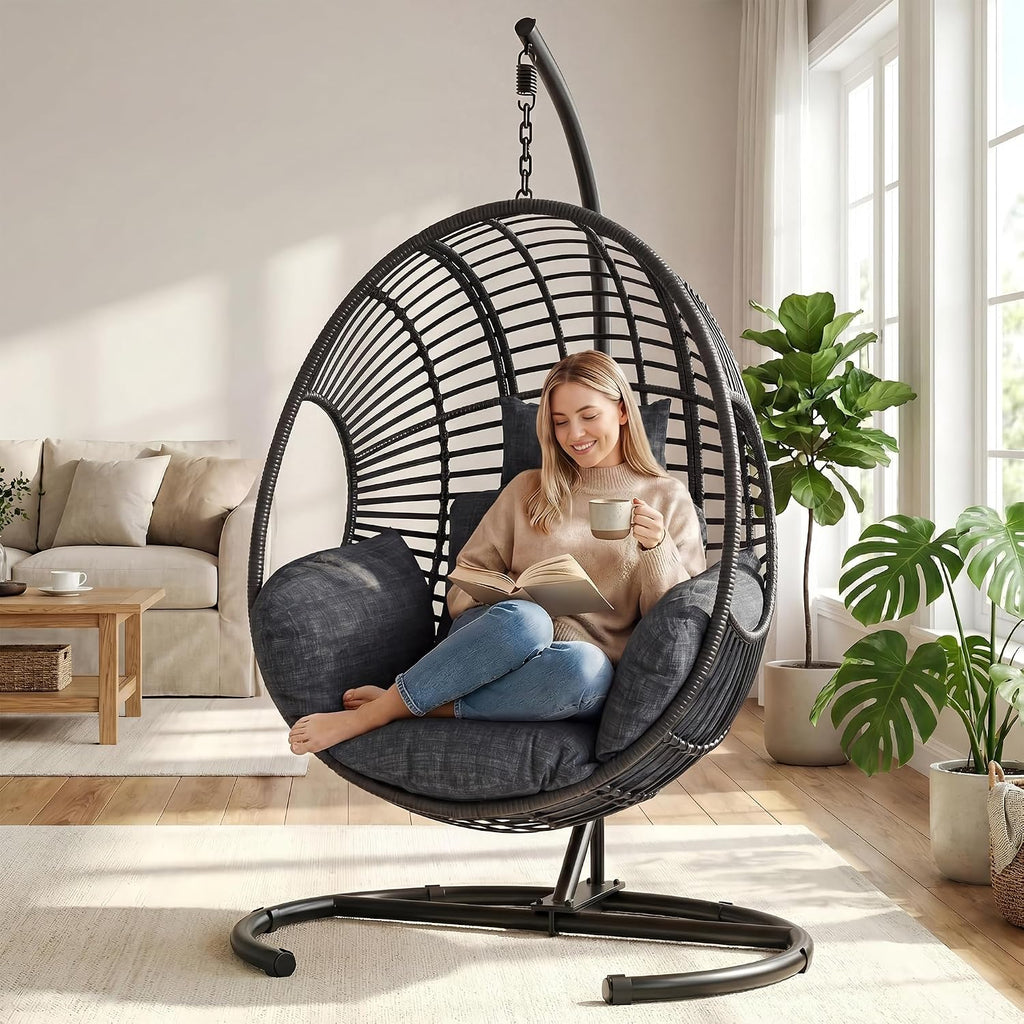 Oversized Hanging Egg Chair Outdoor Indoor, Wicker Swing Egg Chair with Stand 400lbs Capacity for Bedroom, Patio, Garden and Balcony (Black-Regular, Oversize)