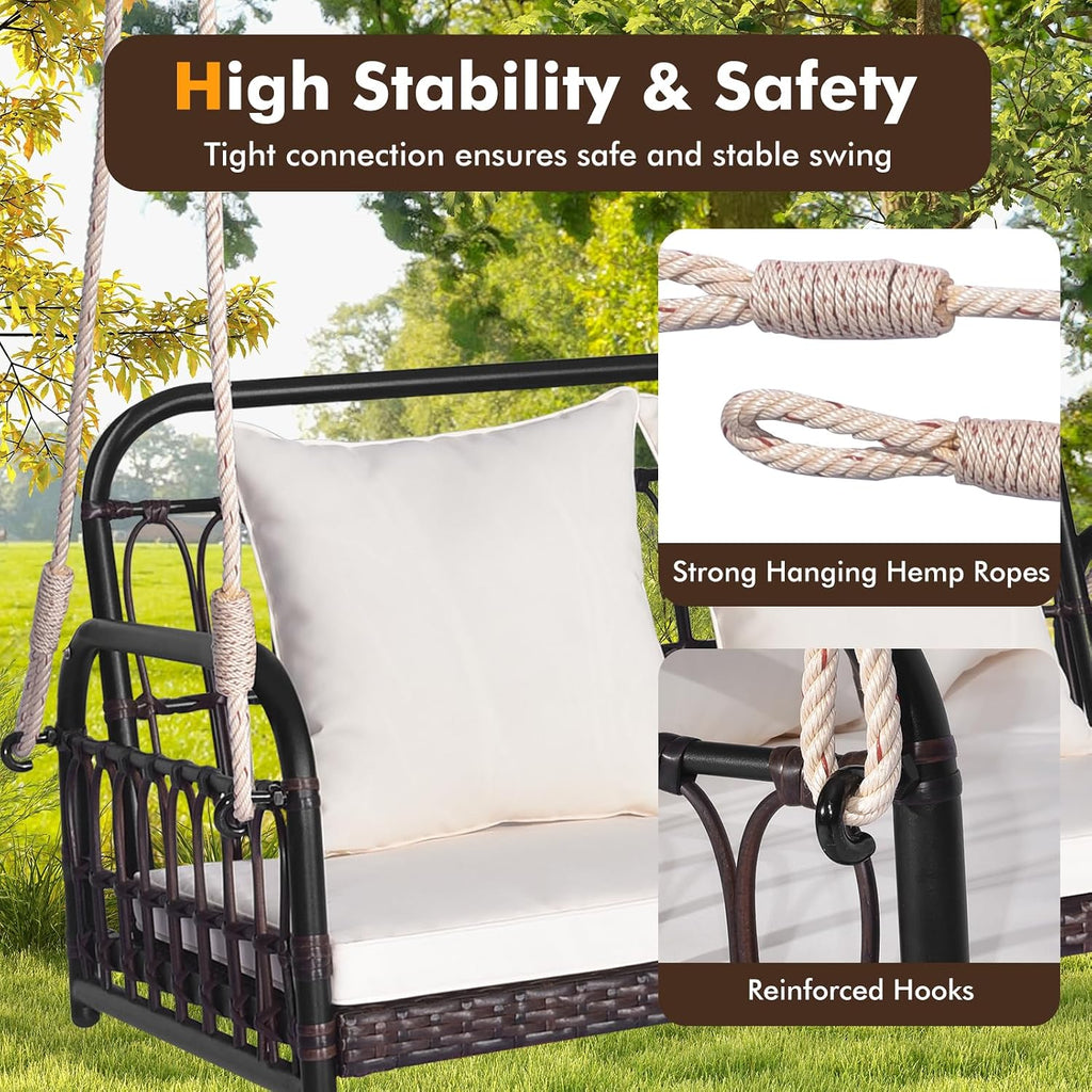 HAPPYGRILL Wicker Porch Swing, 2-Person Outdoor Patio Hanging Chair with Cushions, Metal Frame, Hanging Swing Bench with Ropes for Garden Backyard, 880 LBS Weight Capacity