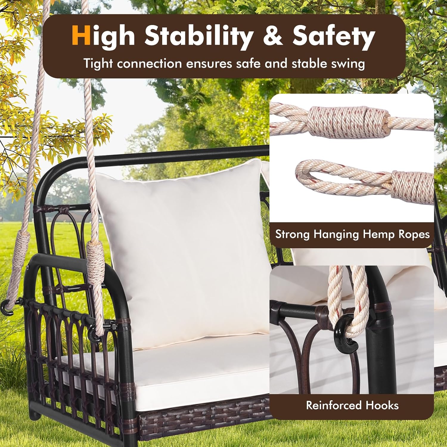 HAPPYGRILL Wicker Porch Swing, 2-Person Outdoor Patio Hanging Chair with Cushions, Metal Frame, Hanging Swing Bench with Ropes for Garden Backyard, 880 LBS Weight Capacity
