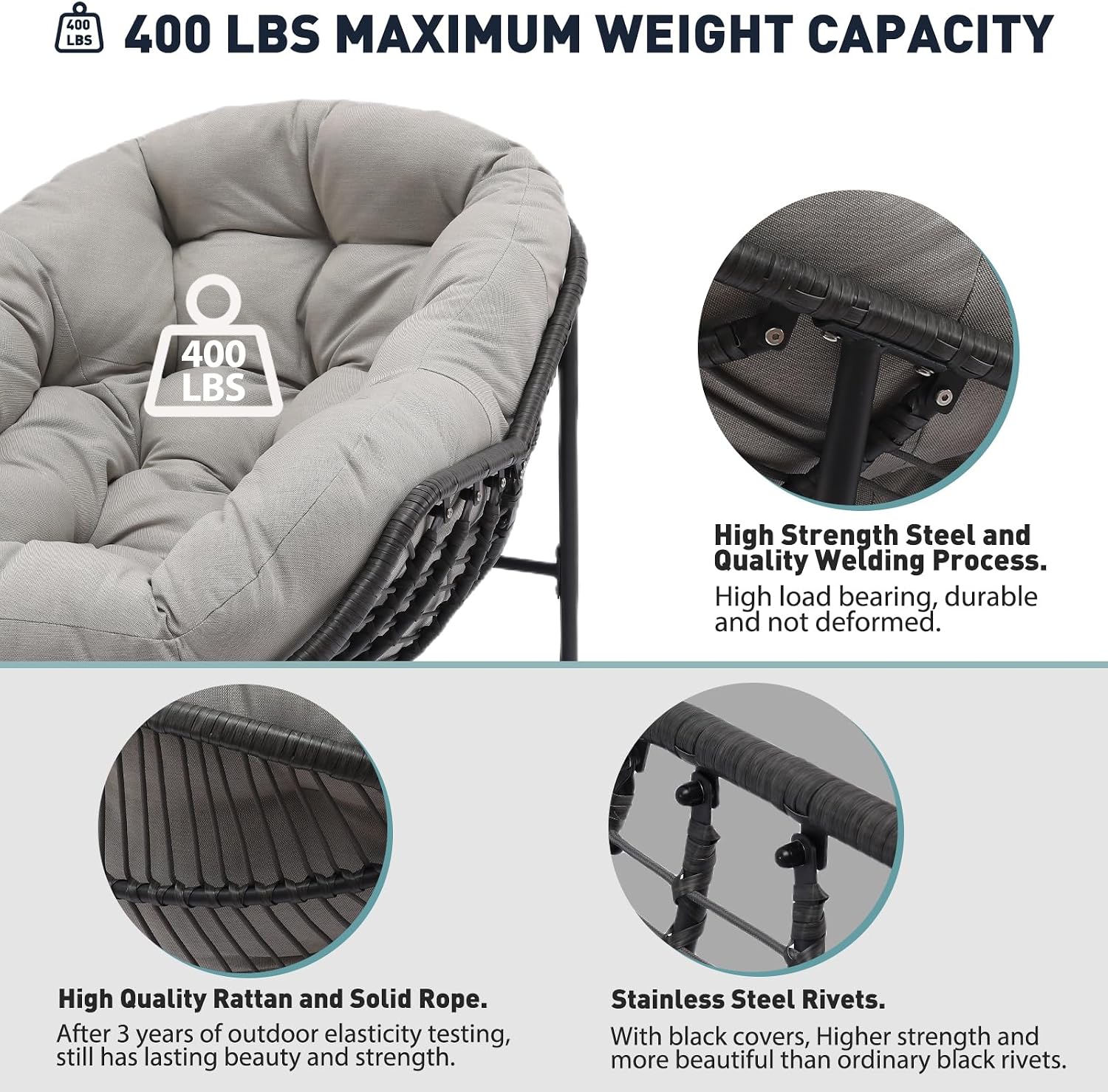 Indoor & Outdoor Rocking Chair, Oversized Rattan Royal Rocking Chair with Padded Cushion, Rocker Egg Chair for Living Room, Patio, Front Porch, Backyard, Grey