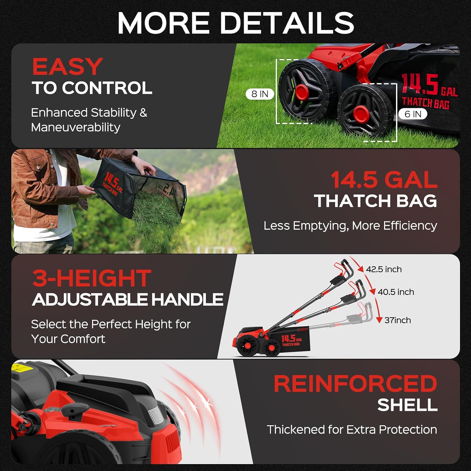 TIECTOWN 16-Inch 15.5 Amp 2-in-1 Electric Dethatcher and Scarifier with 14.5-Gallon Collection Bag, Lawn Dethatcher with 5-Position Depth Adjustment, Blade Replacement Without Tool - Red
