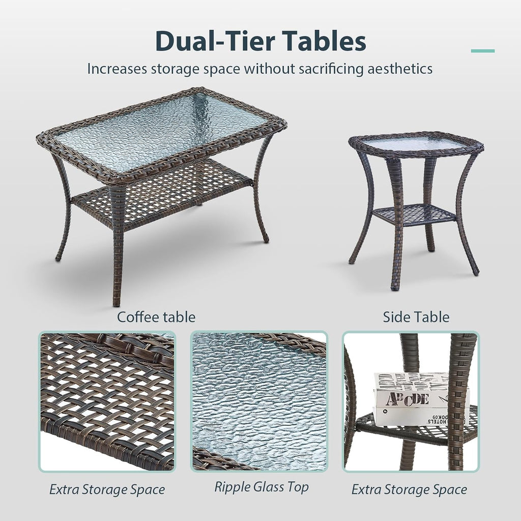 5 Piece Patio Furniture Set - Wicker Patio Conversation Set with Swivel Glider, Glider Loveseat, Tempered Glass Side Table and Coffee Table for Deck Backyard - Brown Wicker Beige Cushion