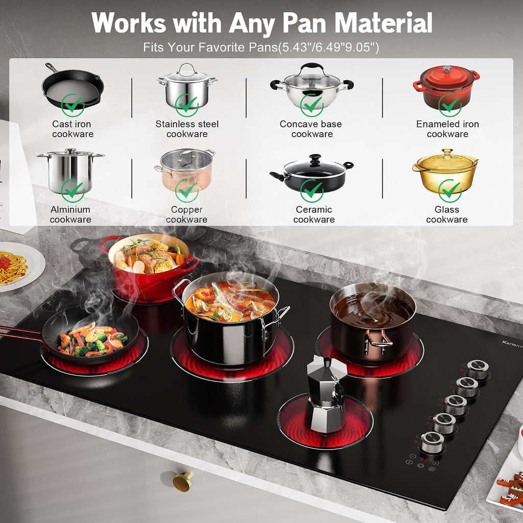 36 Inch Electric Cooktop 5 burner Karienvir, 8900W Built-in Electric Stove Top, Cooktop 36' with Double-ring Burner, Knob & Touch Control, 9 Power Levels, Timer, Safety Lock, 220V-240V Hard Wire