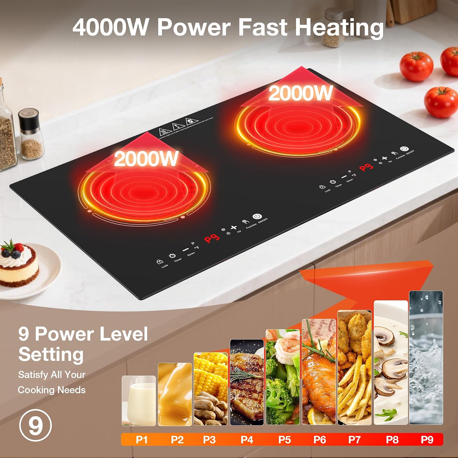 2 Burner Electric Cooktop 110V, 4000W Electric Ceramic Glass Stove Infrared Hot Plate for Cooking, 24 inch Portable Countertop & Built-in Burner, Child Lock, Timer, Touch Control, for Home Dorm Office