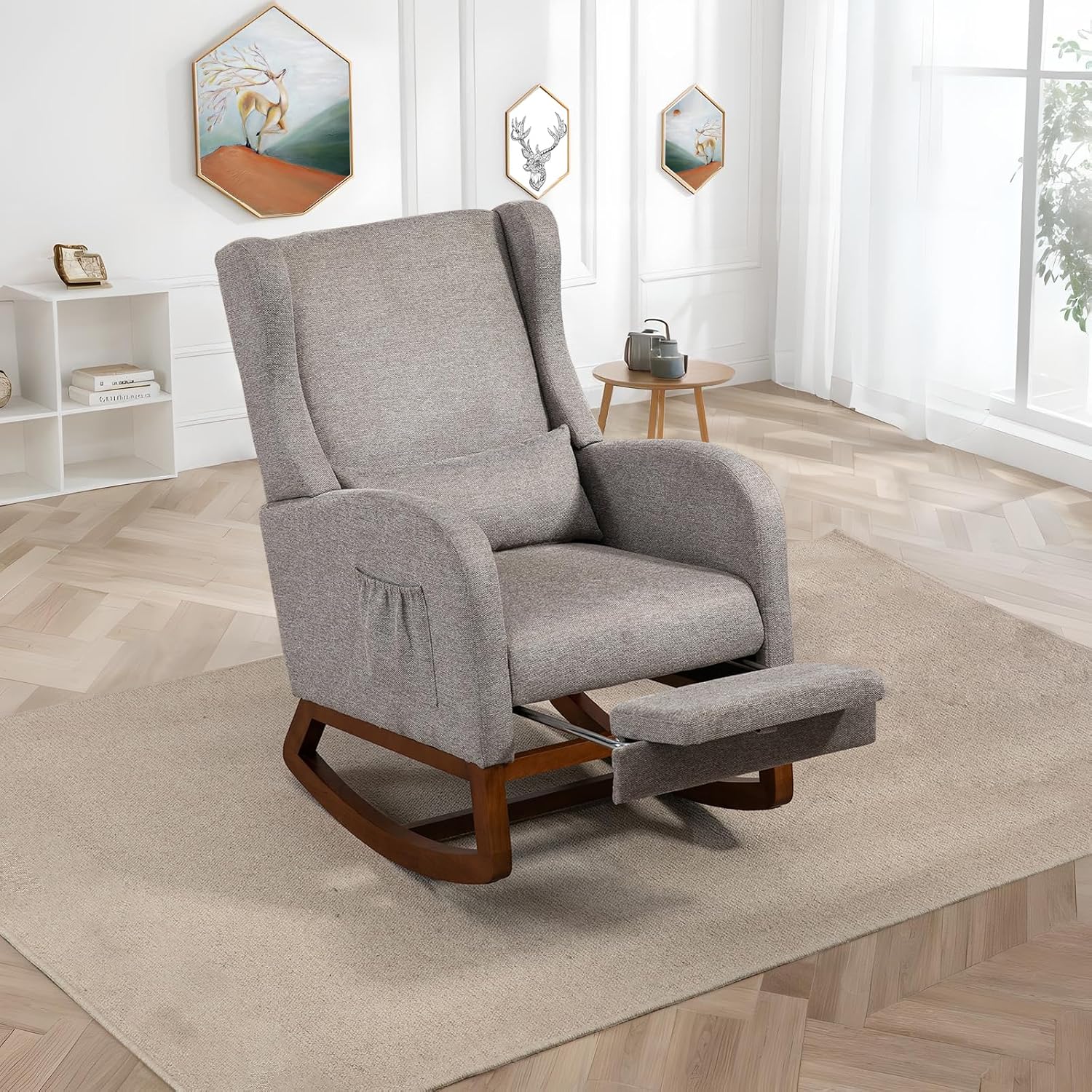 Modern Rocking Chair Nursery Glider, Comfy Rocker Nursery Chair with Foot Rest, Accent Reading Armchair with Pillow and Pocket, Upholstered Lounge Rocker with Solid Wood Base for Relaxing (Taupe)