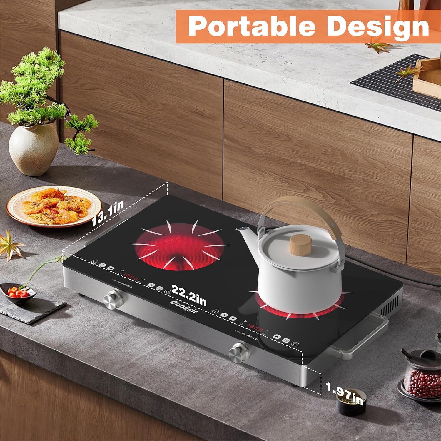 2 Burner Electric Cooktop - 24 Inch(22.2'x 13.1') Portable Electric Stove Top 110V, 2000W Countertop Two Burner Stove, Child Lock, Timer, Touch and Knob Control, 110V Plug in