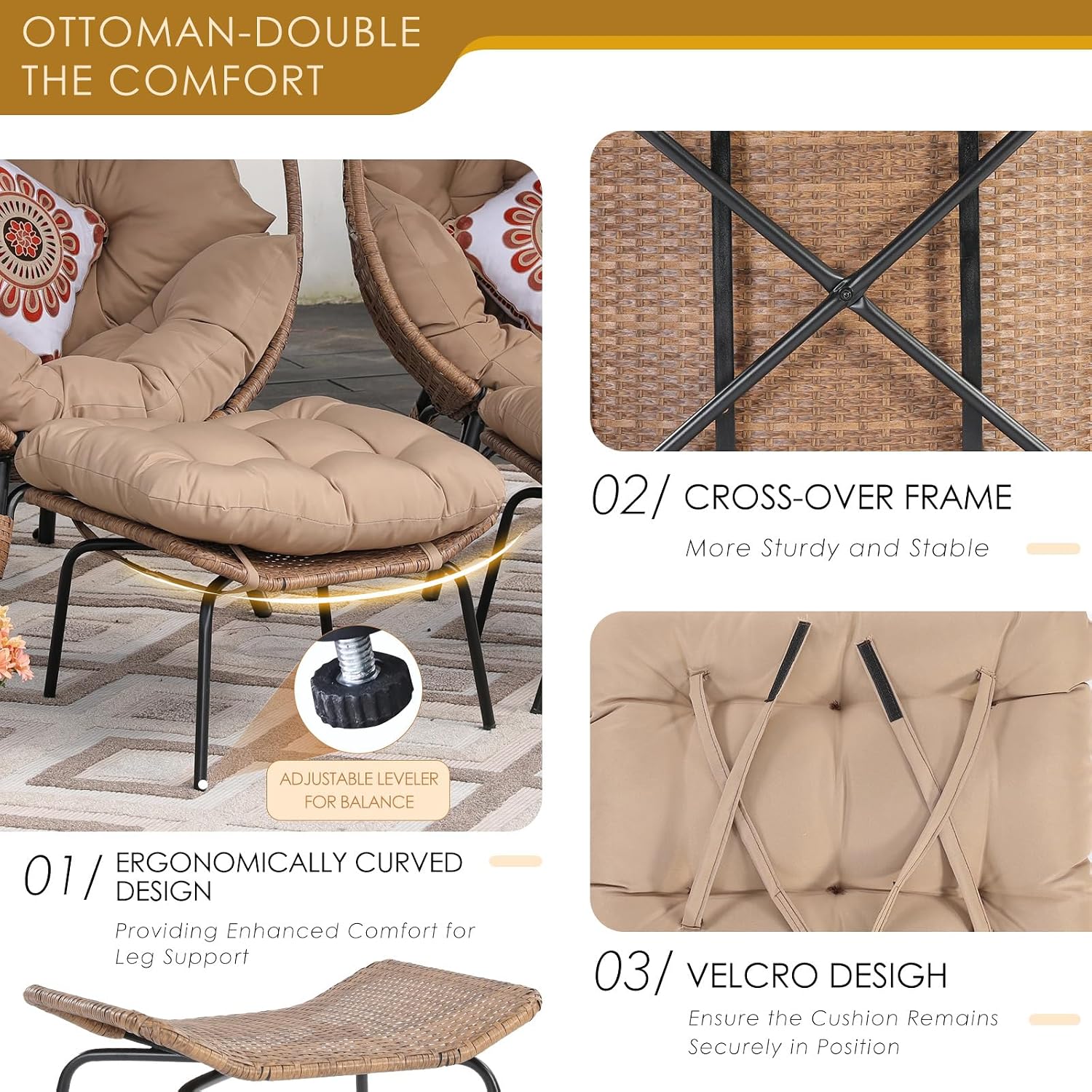 NICESOUL Indoor Outdoor Stationary Wicker Egg Chair w/Footrest, Extra Large Egg-Seat w/Cushion, 440lbs Egg-Shape Lounge Chair with Legs, Cozy Boho Rattan Chair for Patio, Balcony, Sunroom, Brown