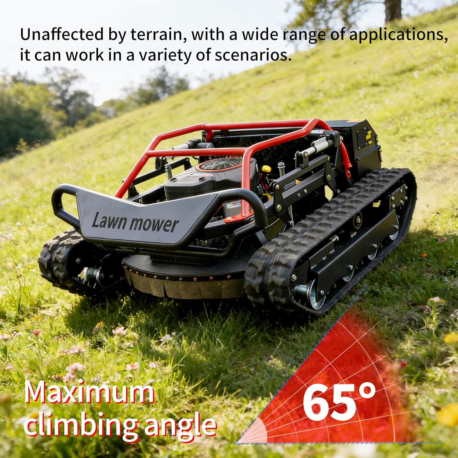 Remote-Controlled Robotic Lawnmower, Featuring a 27hp High-Power Twin-Cylinder Engine and a 48v Brushless Motor. All-Terrain Off-Road Lawnmower with a Mowing Width of up to 35.43 Inches