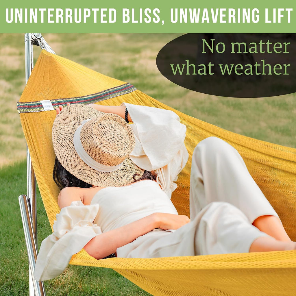 Tranquillo Double Hammock with Stand 650lb Capacity Double Hammock with Spreader Bar, Solid Grade 201 Stainless Steel 30s Set Up, Sturdy Flexible Hammock Stand Portable, Outdoor Indoor, Yellow
