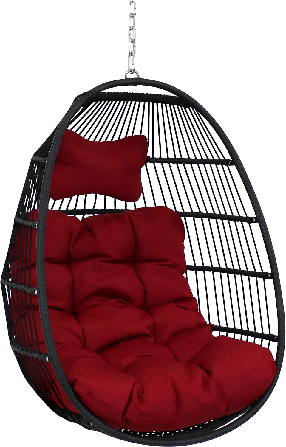 Sunnydaze Julia Hanging Egg Chair - Black Polyethylene Wicker Frame with Red Polyester Cushions - 44 Inches Tall