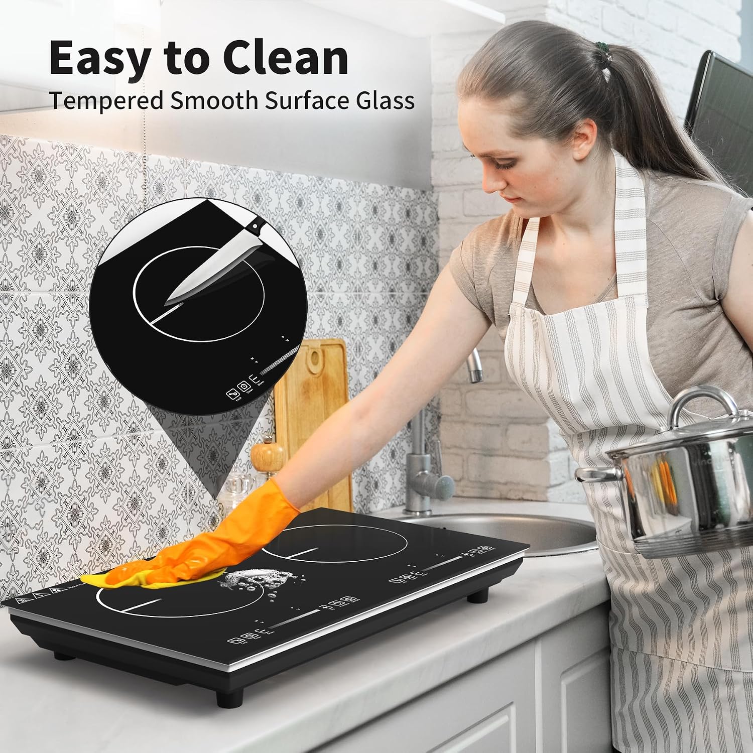 VBGK 2 burner Induction Hop,3600W Electric hob 2 burner with Knob Control,9 Power Levels, Kids Lock & Timer,LED touch control,double induction hop