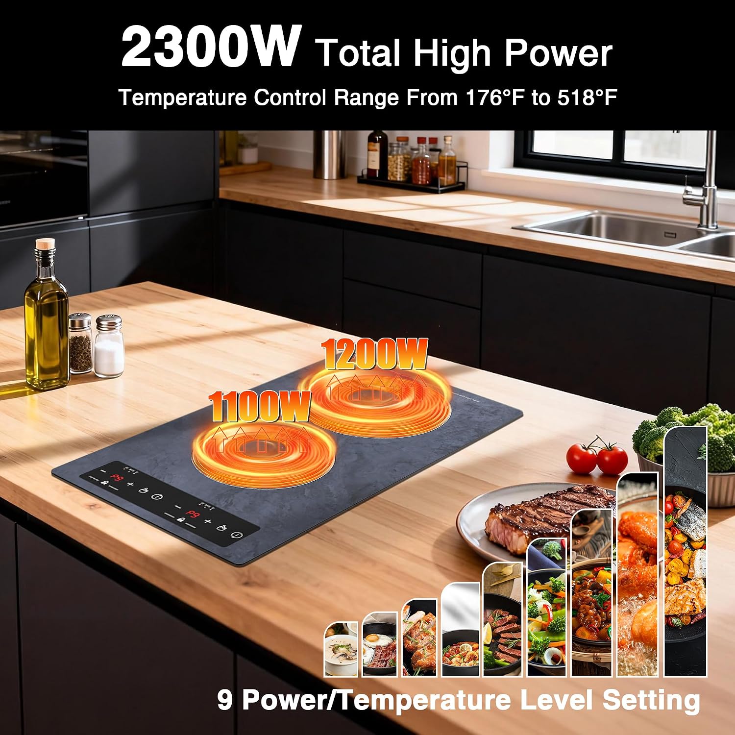 Double Induction Cooktop Portable Electric Cooktop 12 Inch, 110V Induction Burner Hot Plate with Safety Lock, Auto Shutoff Timer Setting, 9 Heating Level and Overheating Protection