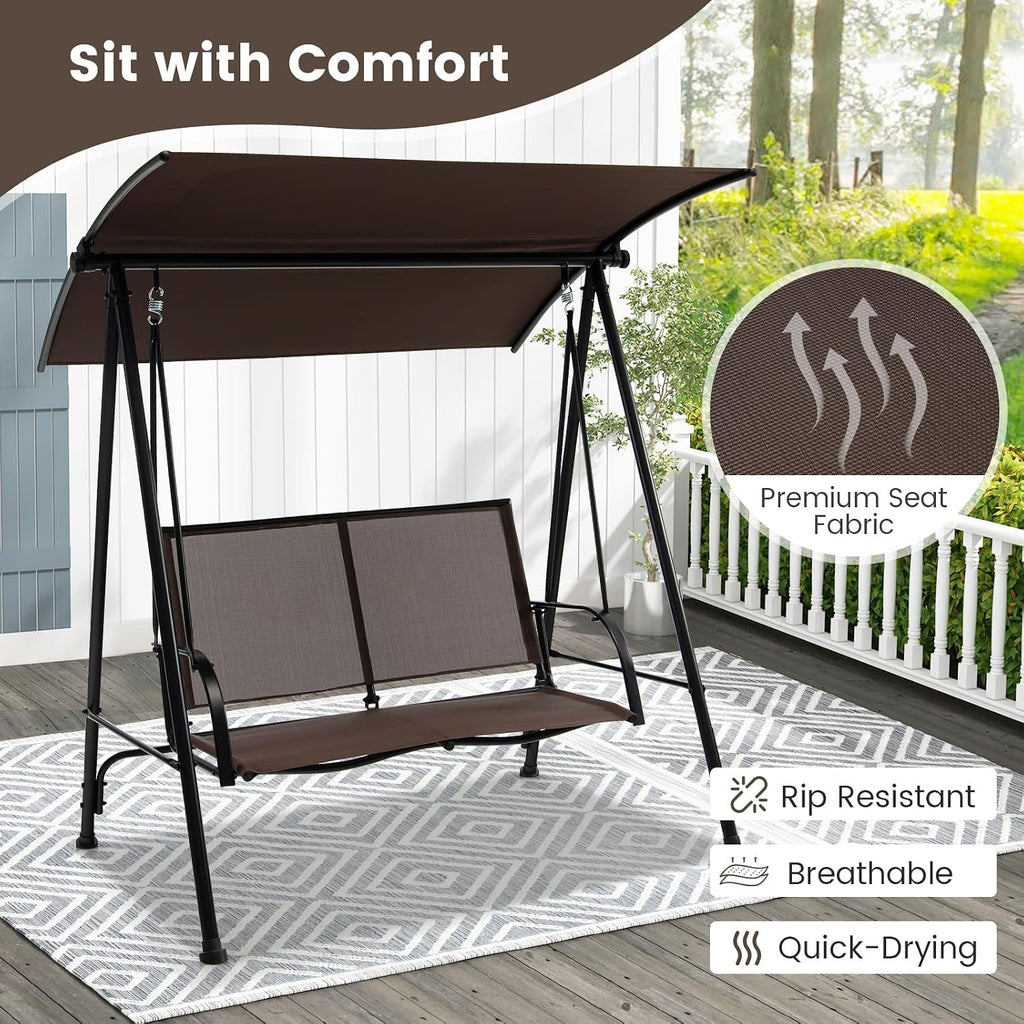 HAPPYGRILL 2-Person Patio Swing with Canopy, Heavy-Duty Metal Frame, Breathable Seat Fabric, Outdoor Loveseat Swing for Backyard, Balcony, Poolside