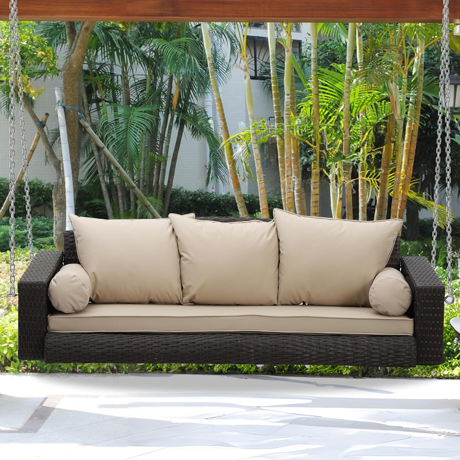 Wicker Porch Swing, 3-Seats Person Rattan Hanging Swing Chair, Patio Grey Outdoor Rattan Swing Bench with Cushion for Patio Backyard Poolside Garden, Khaki