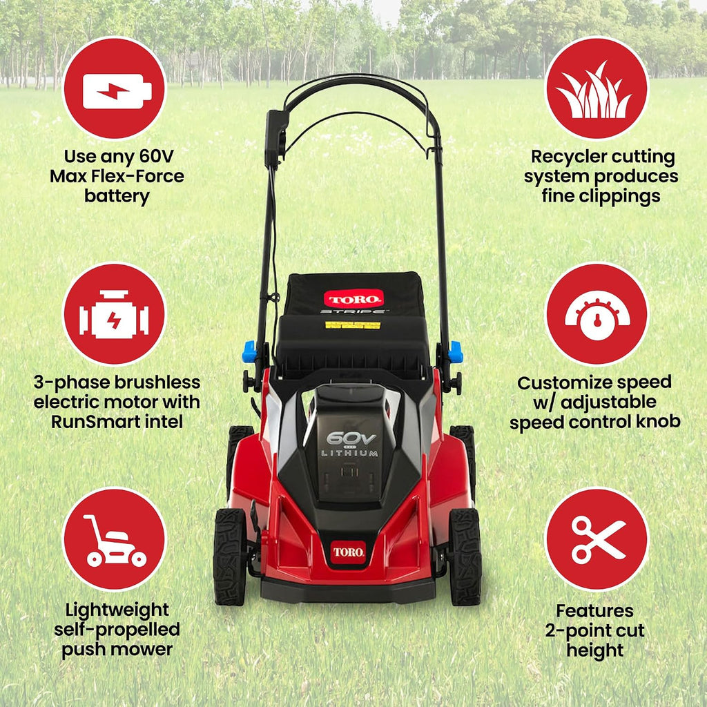 Toro Lightweight Foldable 60-Volt 21-Inch Deck Stripe Cordless Electric Battery Self Propelled Walk Behind Lawn Mower w/Adjustable Speed & Cut Height