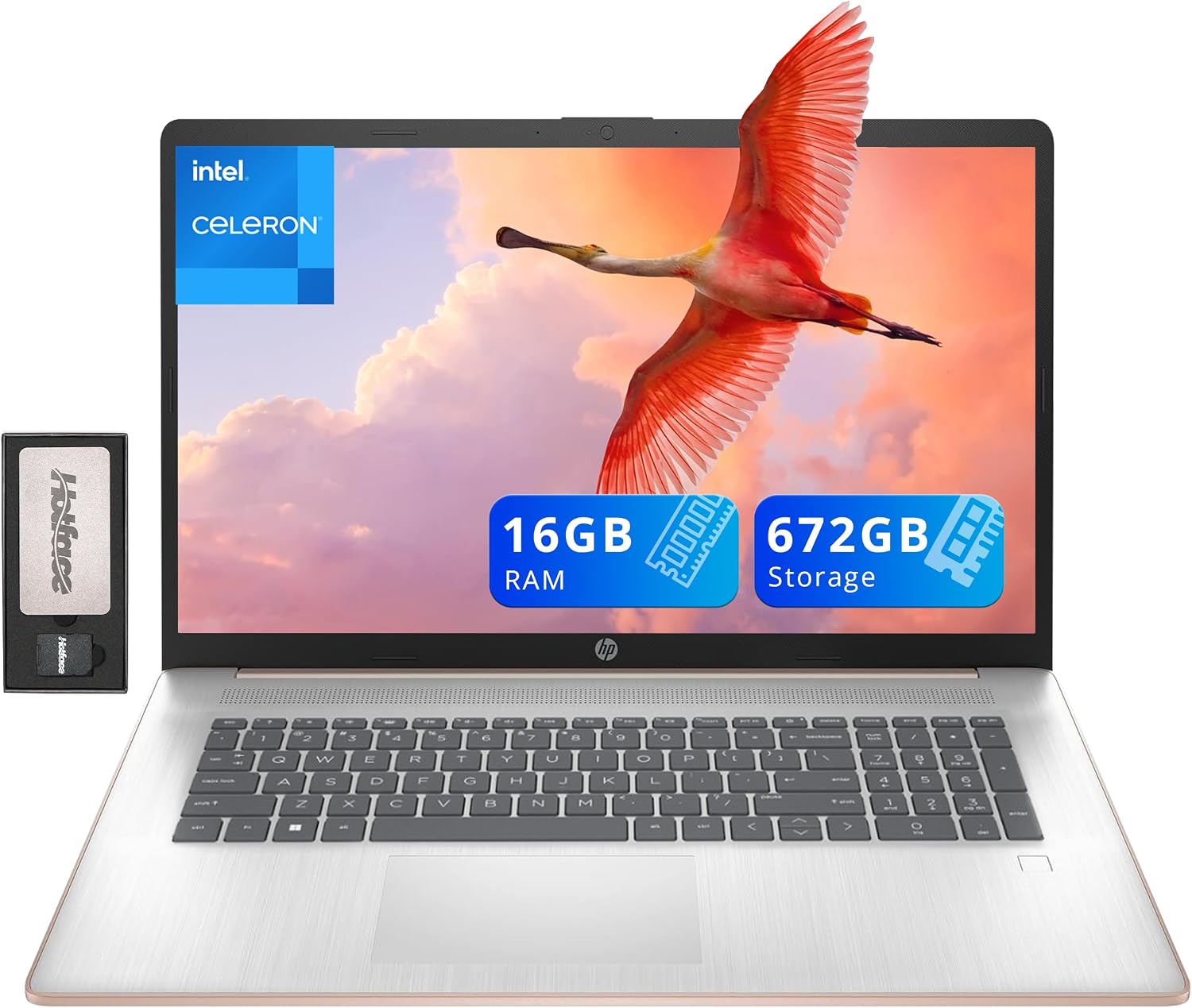 HP 17.3' HD+ BrightView Laptop, Intel Celeron N4120, 16GB RAM, 672GB Storage (512GB SSD + 160GB Docking Station Set), Intel UHD Graphics, Full-Size Keyboard, Webcam, Wi-Fi, Windows 11 Home, Rose Gold