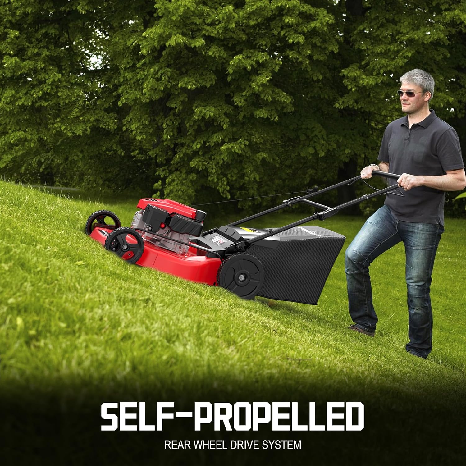 PowerSmart Self Propelled Gas Lawn Mower, 22 in. with 170cc OHV Engine, 2-in-1 Rear-Wheel Drive High Wheels, Red