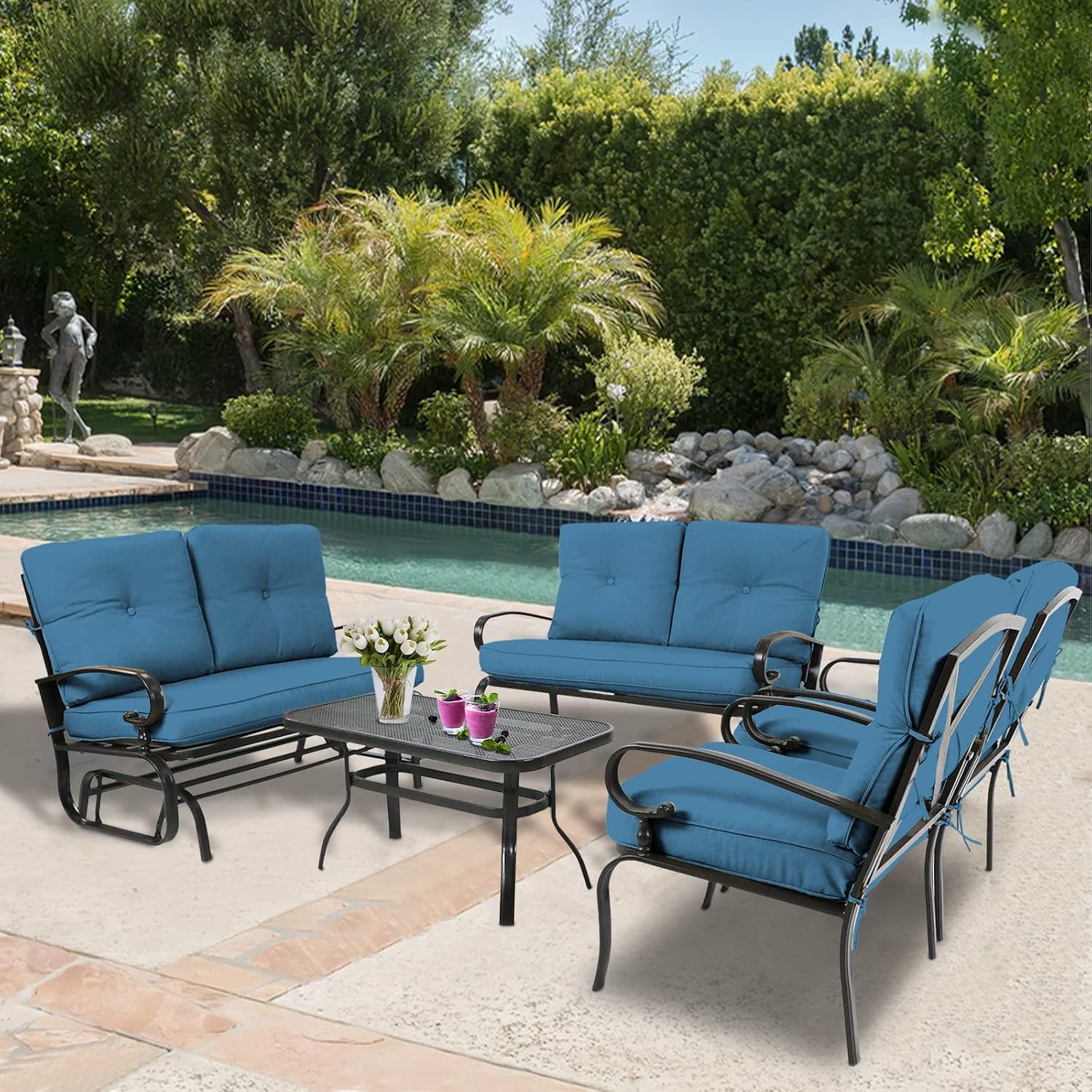 5Pcs Patio Conversation Set Outdoor Wrought Iron Furniture Set with 1 Glider,1 Loveseat, 2 Single Chairs, and Coffee Table, for Courtyard, Garden, Backyard(Peacock Blue)