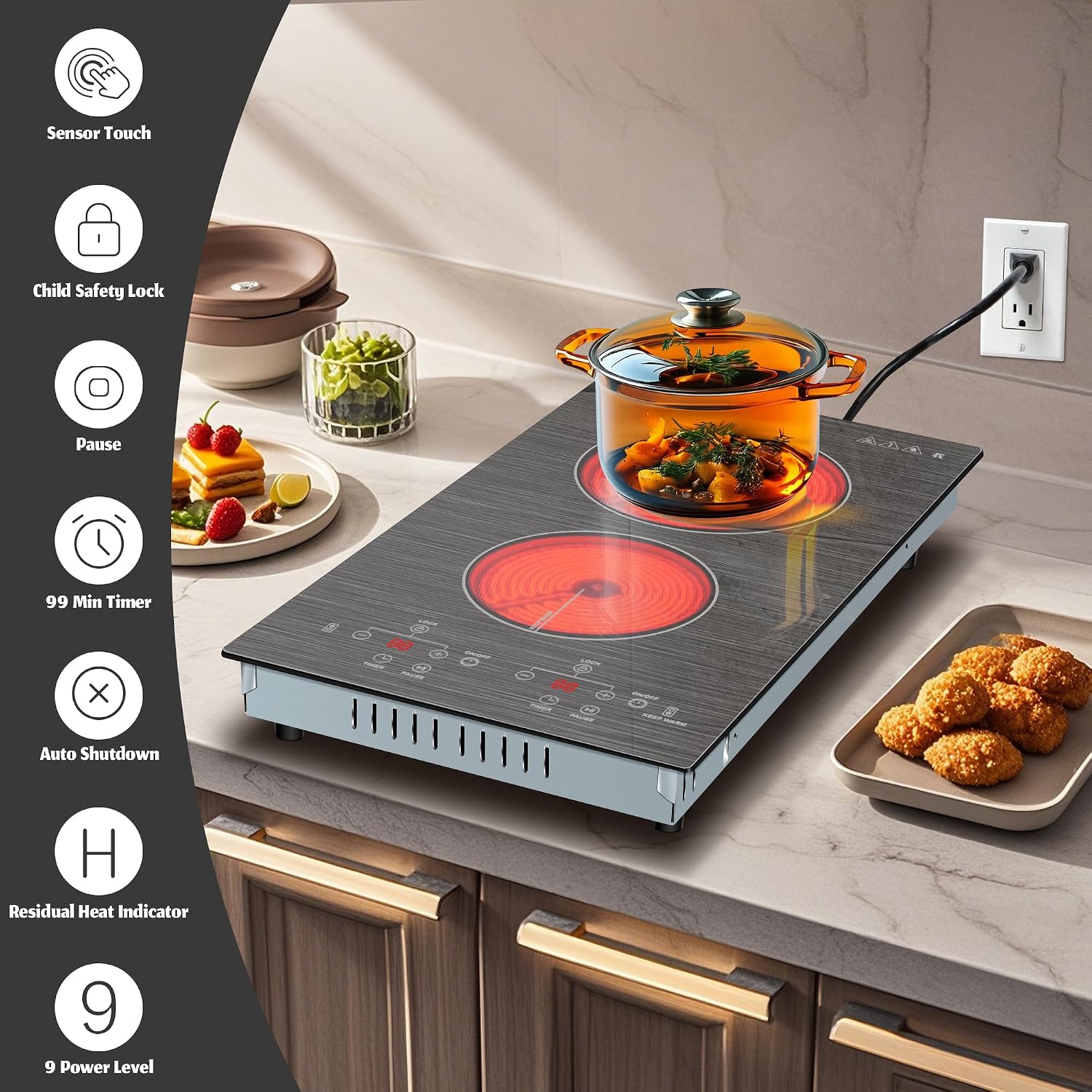 Karinear 2 Burner Electric Cooktop 110V, 12 Inch Countertop & Built-in Electric Stove Top, Plug-in Ceramic Cooktop with Child Safety Lock, Timer, Pause, Smooth Glass Surface with Beautiful Pattern(A)