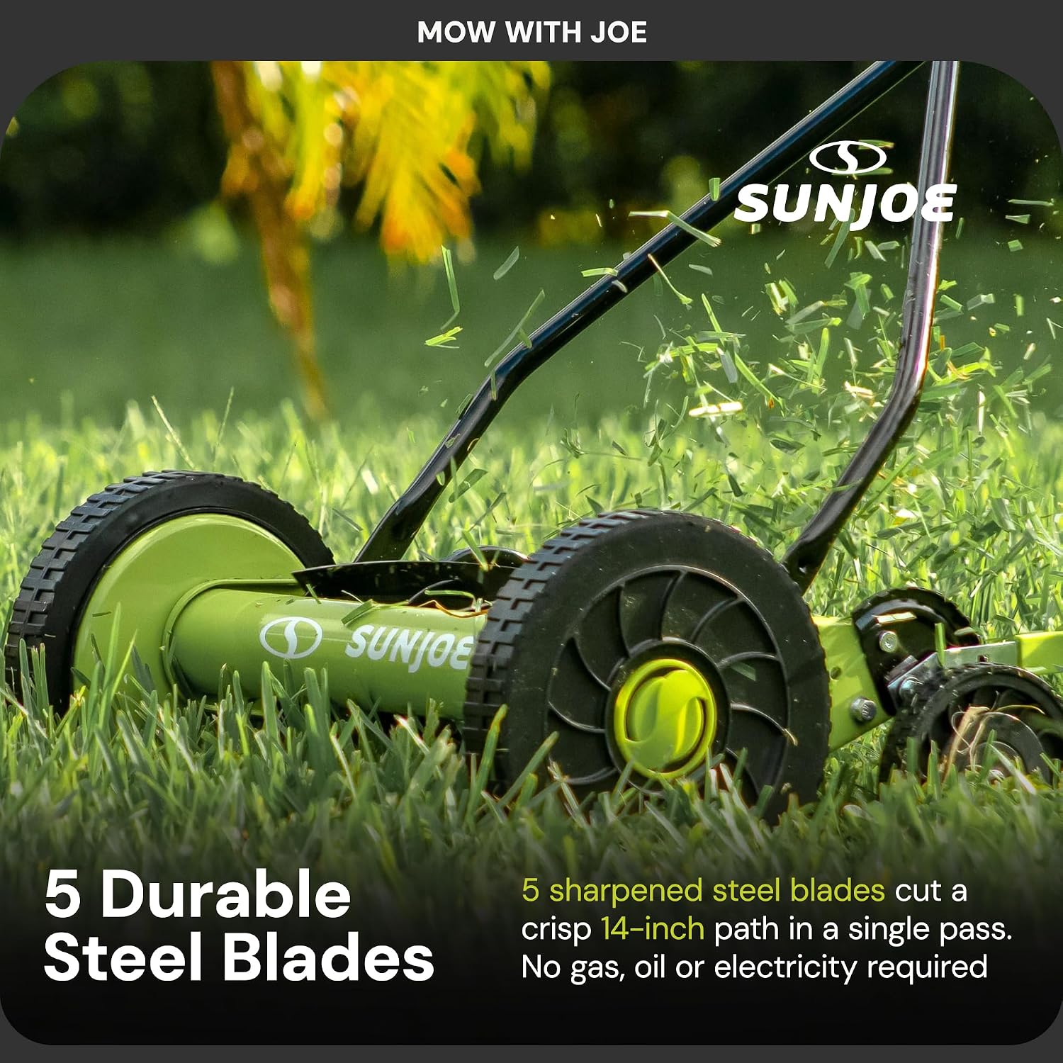 Sun Joe Manual Push Reel Lawn Mower with 9 Adjustable Positions, 14-Inch Cutting Width - Heavy-Duty Yard Trimming Machine for Gardening Care and Maintenance, MJ503M