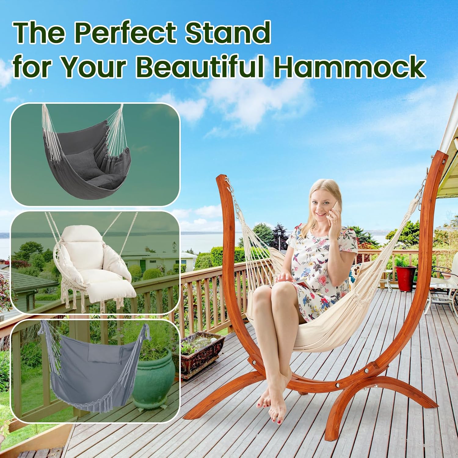 Premium Wooden Hammock Stand only (500 lbs/226kg), Sun Protection & Rain Resistant, Heavy Duty Premium Solid Wood Hammock Chair for Indoor or Outdoor Use, Safe & Stable (Hammock Not Included)