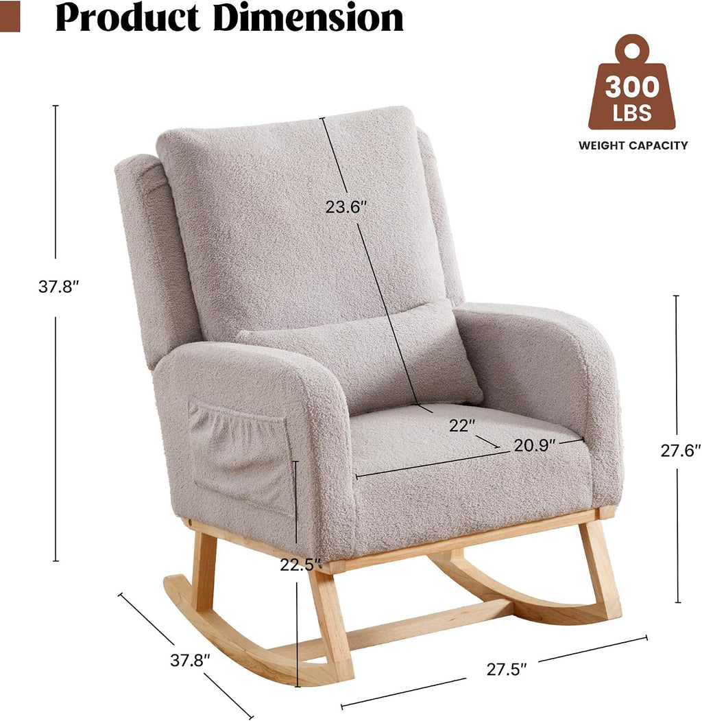 HCHAIRH Rocking Chair Nursery, Sherpa Nursing Rocking Chairs, Upholstered Nursery Glider Rocker for Mom Nursery Morden Accent Rocking Chair Pillow for Living Room,Bedroom,Teddy Light Grey