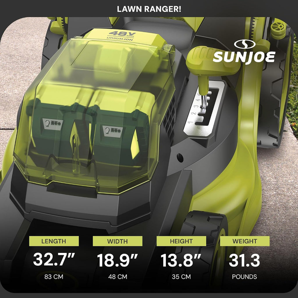 Sun Joe 24V-X2-16LM 48-Volt IONMAX Cordless Brushless Lawn Mower Kit, W/ 4.0-Ah Battery + Dual Port Charger & 12-Gallon Collection Bag, 16-Inch, Comfort Grip, One Touch 6-Position Height Adjustment