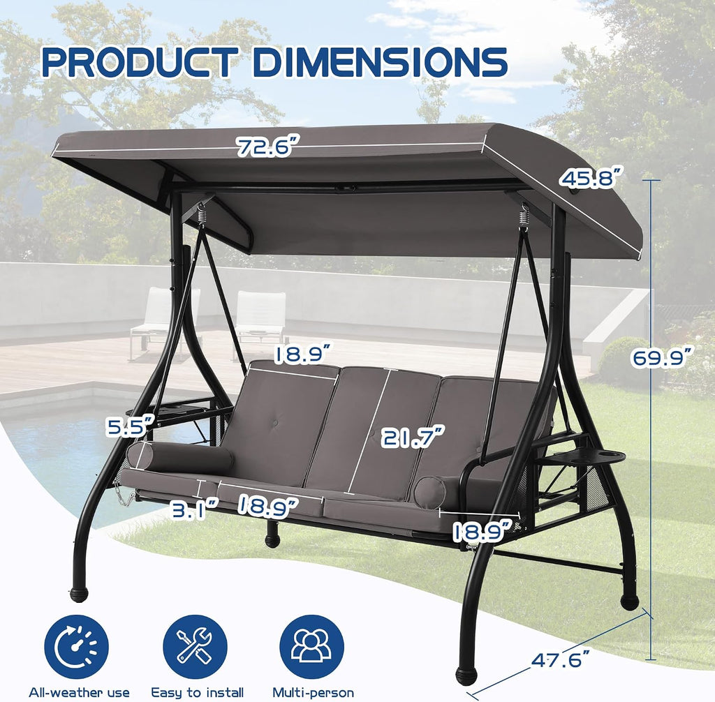 Patio Porch Swings with Adjustable Canopy - 3 Seat Outdoor Porch Swing Glider Bench with Stand, Heavy Duty Swing Bed W/Cushions Pillows and Cup Holder for Backyard Garden Lawn Poolside (Gray)