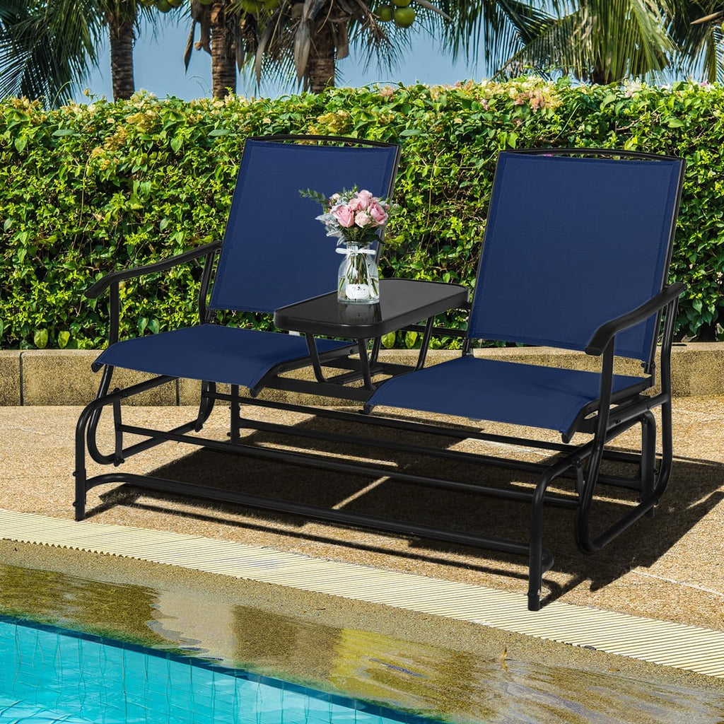 Giantex Outdoor Glider, Rocking Chair with Metal Frame, Center Tempered Glass Table, 2-Person Loveseat, Patio Glider Bench, Outside Swing Chair for Garden Yard Lawn Porch Patio Rocker (Navy)