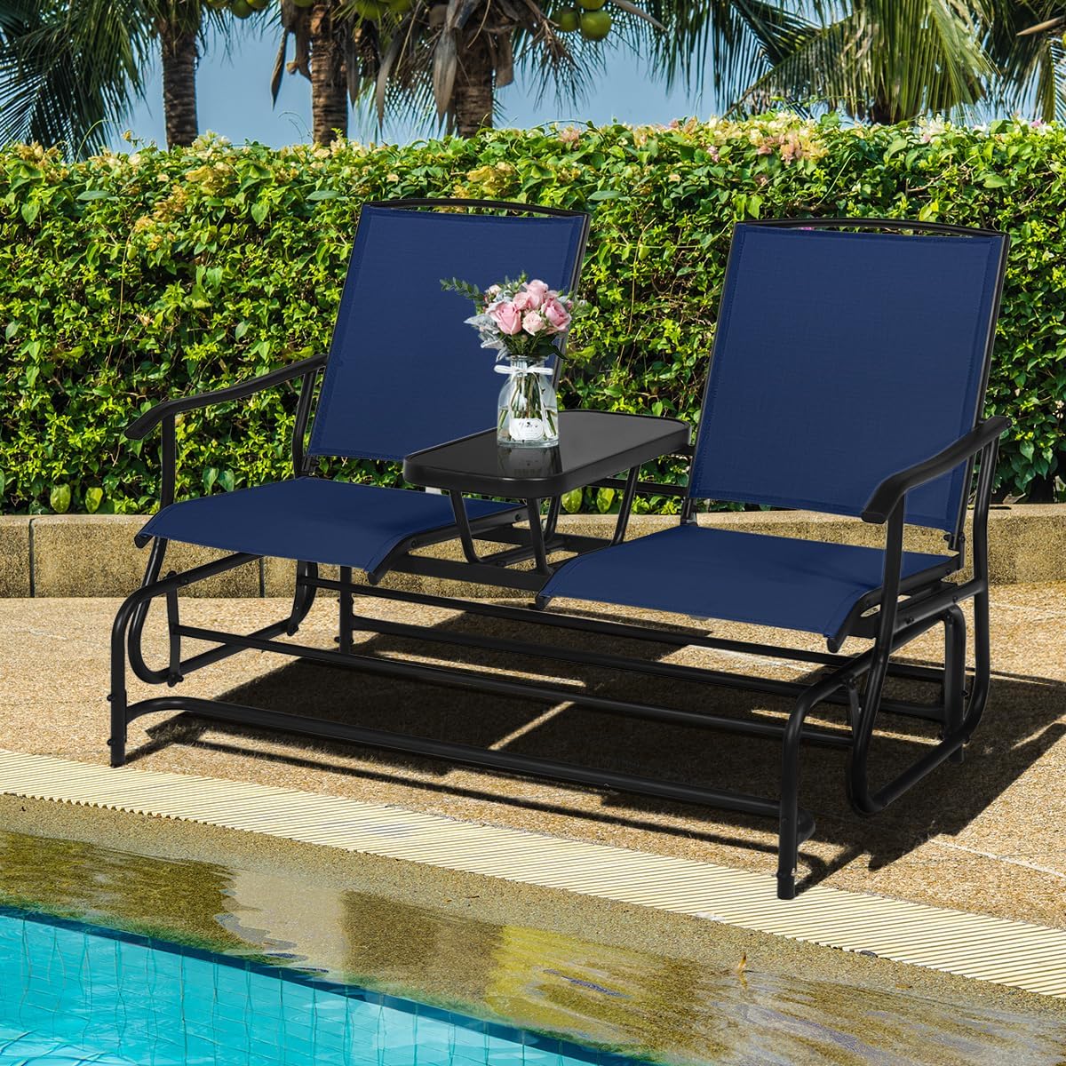 Giantex Outdoor Glider, Rocking Chair with Metal Frame, Center Tempered Glass Table, 2-Person Loveseat, Patio Glider Bench, Outside Swing Chair for Garden Yard Lawn Porch Patio Rocker (Navy)