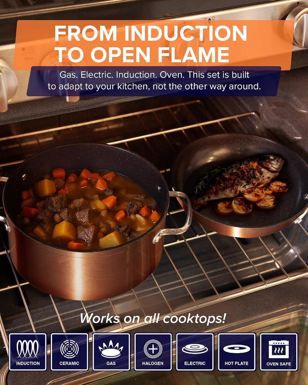 Nuwave Healthy G11-Pots and Pans Set Non Stick, 9H Near-Diamond Hardness Scratch-Resistant, Works on All Stovetops, PFAS Free, with Frying Pans, Saucepans & Glass Lids, Stay-Cool Handles, Copper