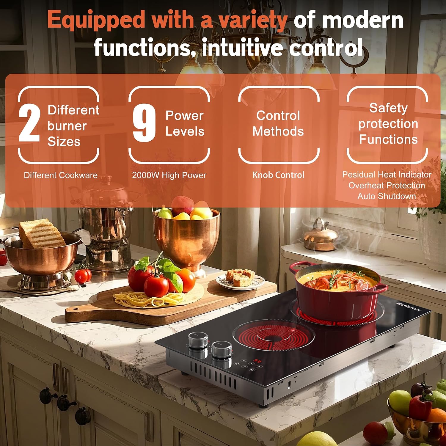 2 Burner Electric Cooktop 110V with Plug Karienvir, 2000W Electric Stove Knob & Touch Control, 12 Inch Stove Top Bunrer, 9 Power Levels, Safety Lock, Timer, Pause Function