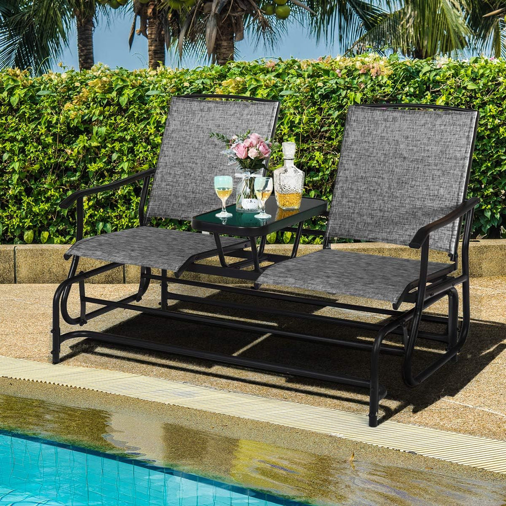Giantex Patio Bench Glider Chair with Metal Frame, Center Tempered Glass Table, Outside Double Rocking Swing Loveseat for Porch, Garden, Poolside, Balcony, Lawn Rocker Outdoor Glider Bench(Gray)