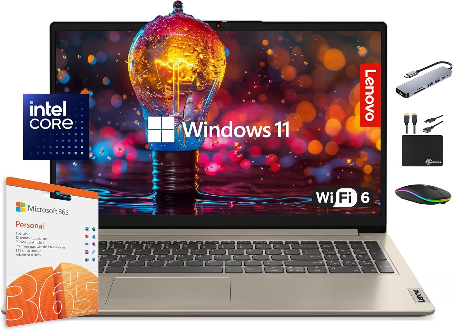 Lenovo IdeaPad Laptop Computer 2025, 15.6' Display, 8GB RAM, 884GB Storage (256GB SSD + 128GB eMMC + 500GB Ext), Intel Dual Core Processor, Long Battery, MarxsolAccessory, 1 Year Office 365, Win 11
