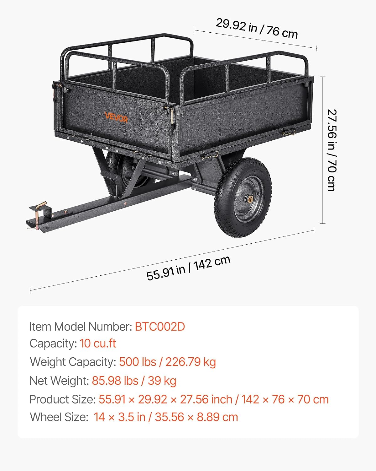 VEVOR 10 Cu.Ft. & 500lbs ATV Trailer Dump Cart Tow Behind, Heavy Duty Utility UTV Trailer, Tow Behind Steel Yard Dump Wagon Cart with 14' Tires for Lawn Mower Tractor
