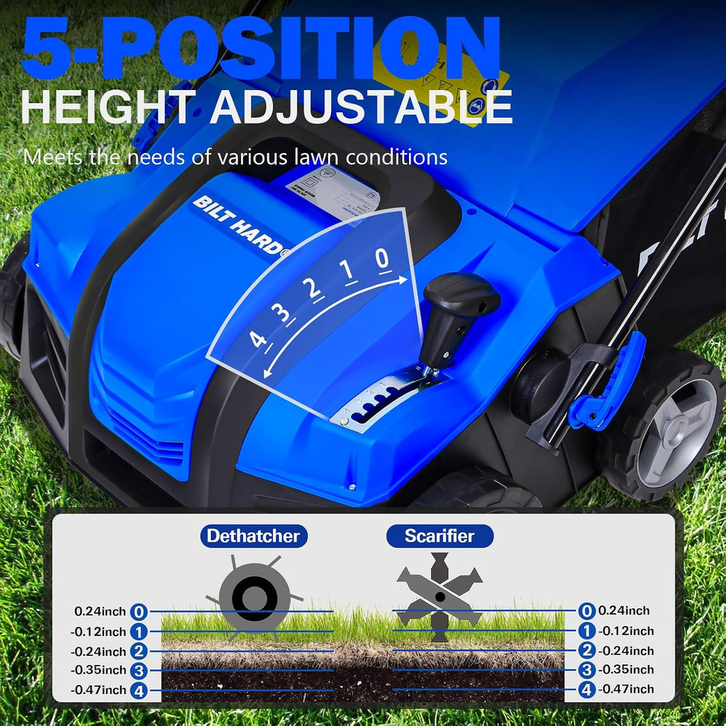 BILT HARD 16 Inch Dethatcher Scarifier Electric Powered, 15 Amp Copper Motor, 5-Position Depth Adjustment, 14.5 gal Thatch Bag, 2 in 1 Walk Behind Thatch Removing Machine for Lawn
