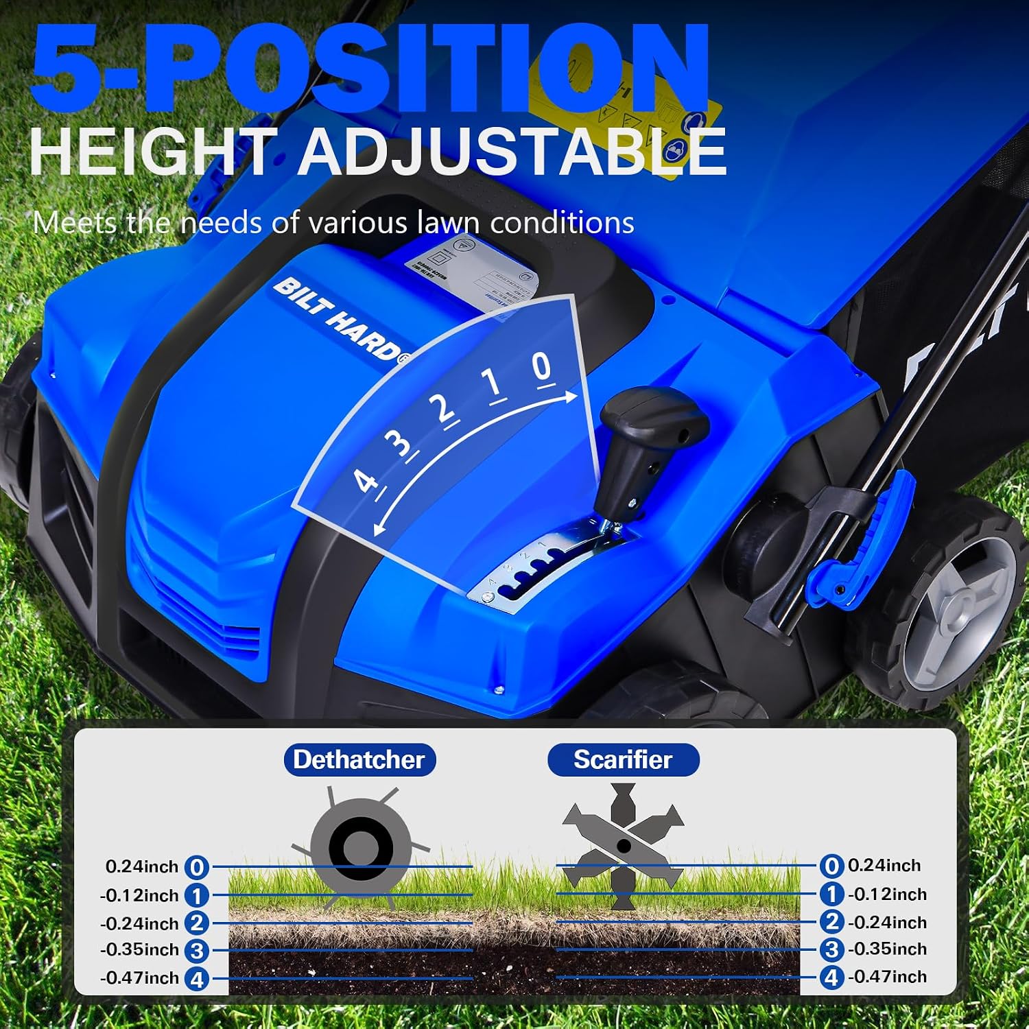 BILT HARD 16 Inch Dethatcher Scarifier Electric Powered, 15 Amp Copper Motor, 5-Position Depth Adjustment, 14.5 gal Thatch Bag, 2 in 1 Walk Behind Thatch Removing Machine for Lawn