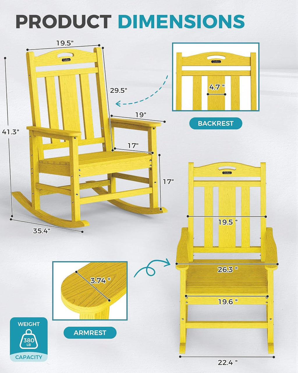 Ciokea Oversized Outdoor Rocking Chairs Set of 2, 380lbs Heavy-Duty Large Patio Rocker, High Back Cozy Porch Chairs, Weather Resistant Patio Rocking Chairs for Outside, Fire Pit, Deck, Citron Yellow