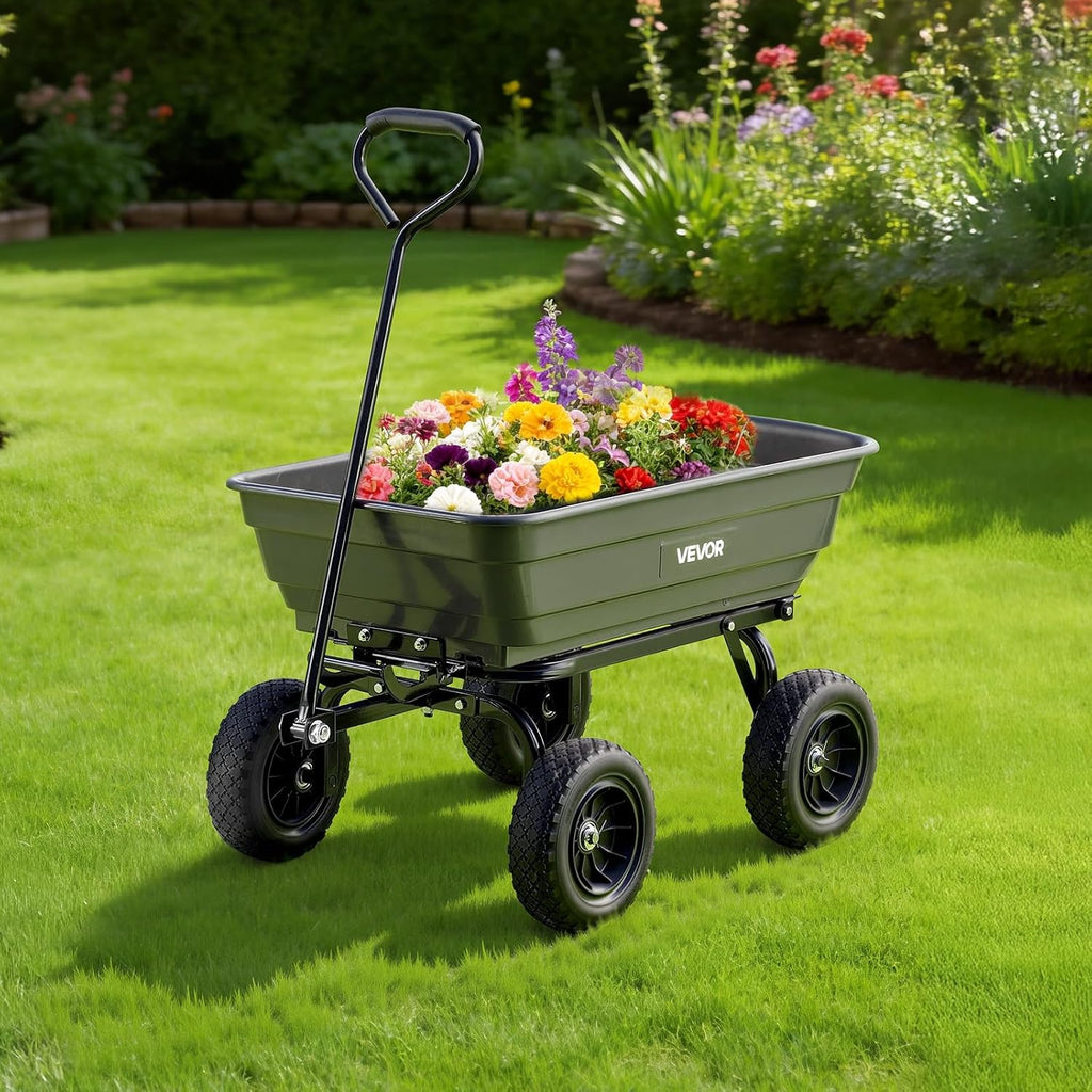 VEVOR 4 Cu.Ft 600LBS Poly Garden Cart Dump Wagon, 4 Wheel Heavy Duty Wheelbarrow with 10' Flat Free Tires, Yard Cart Dump Wagon with Quick-Release System