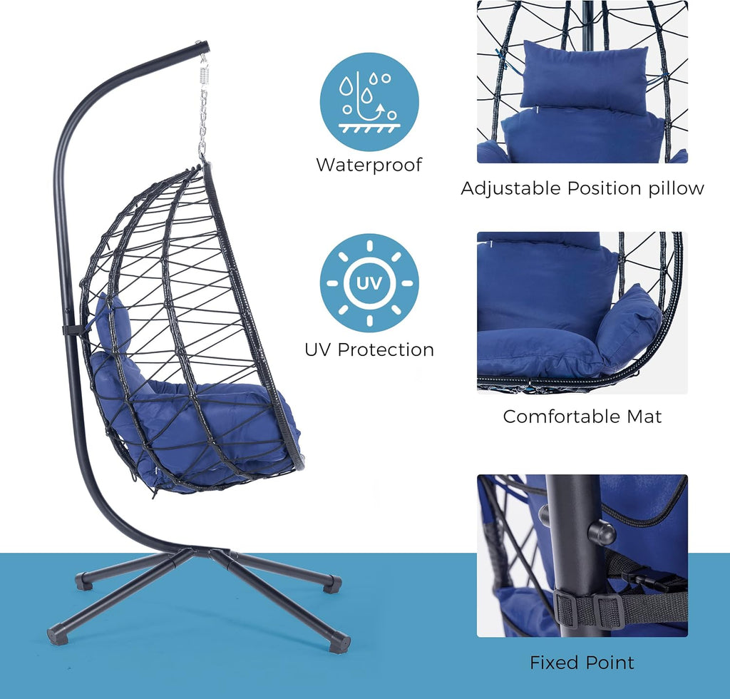 KEIKI Hanging Egg Chair with Stand, Outdoor Patio Swing Egg Basket with Cushion, 350LBS Load Rattan Wicker Hammock for Balcony, Bedroom, Living Room, Navy Blue