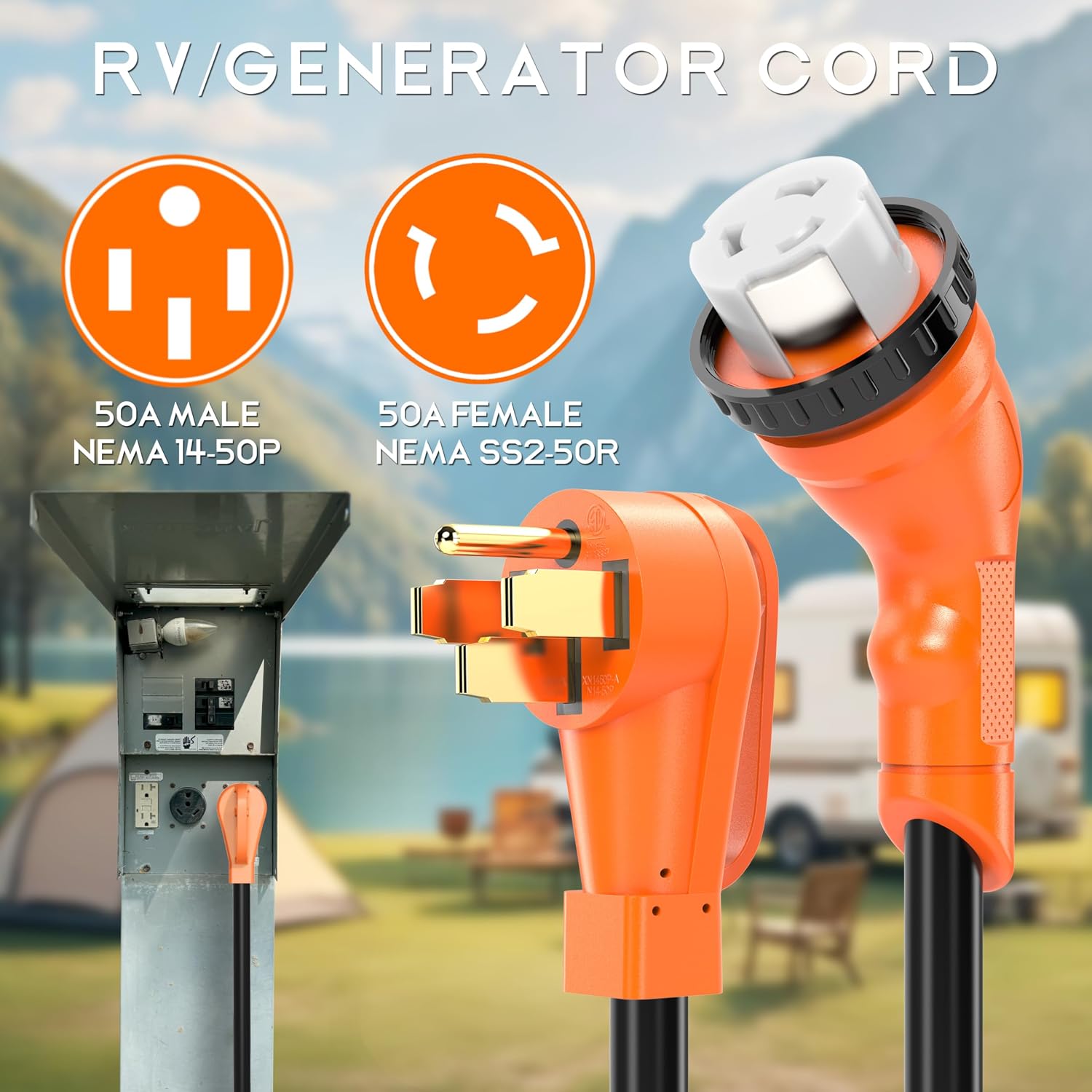 50 Amp 50 Feet RV/Generator Cord with 135° Designed Handle and Twist Locking Connector, Heavy Duty 6/3+8/1 Gauge STW Wire, 14-50P Male and SS2-50R Female for RV Camper and Generator to House