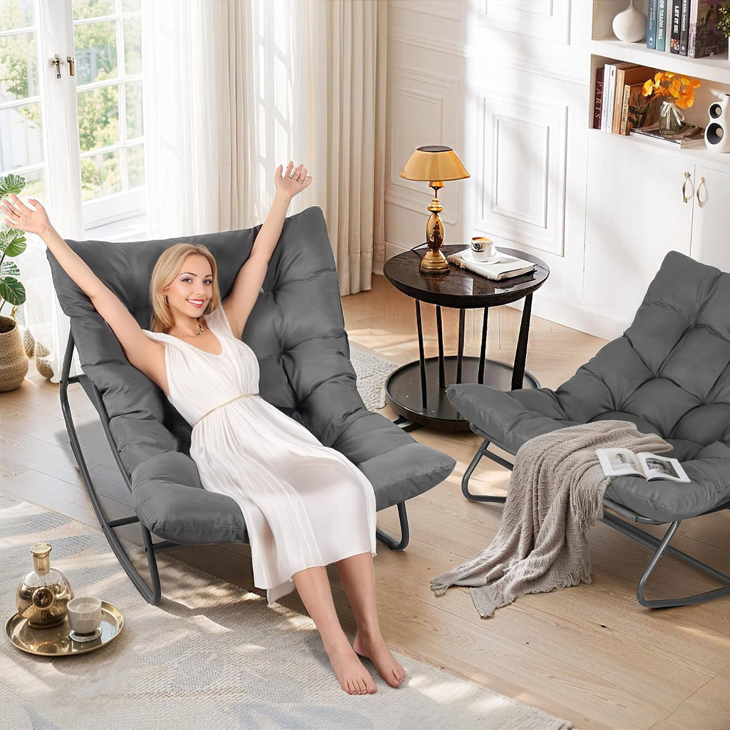 Outdoor & Indoor Oversized Rocking Chairs Set of 2, Modern Metal Lounge Rocking Chair with Thick Cushions, High Back Rocker Chair Set for Living Room, Patio, Porch, Garden, Backyard