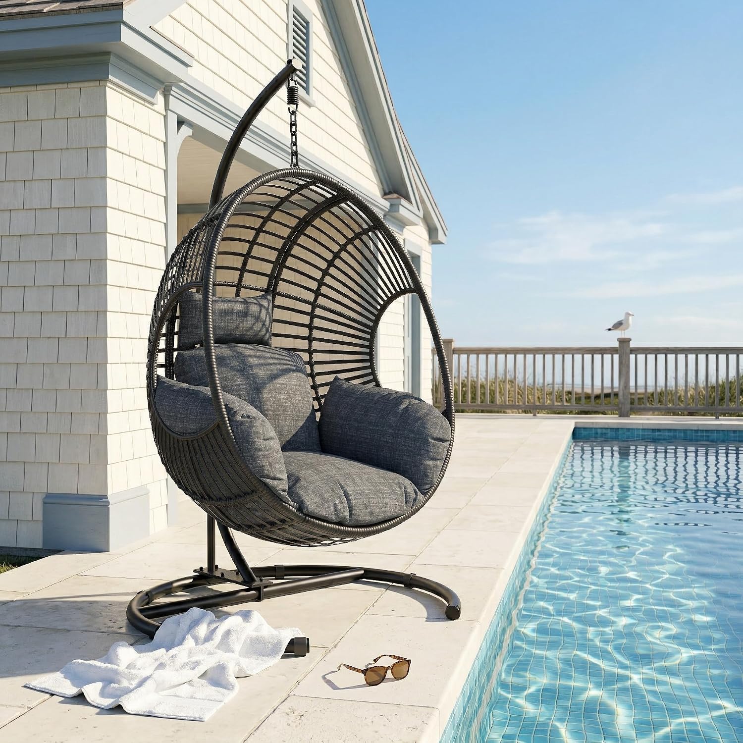 KEIKI Hanging Egg Chair with Stand Outdoor, 400LBS Capacity Patio Swing Chair with Cushion, Weatherproof PE Rattan Hammock Chair for Bedroom Balcony Garden, Waterproof Cover Included, Grey